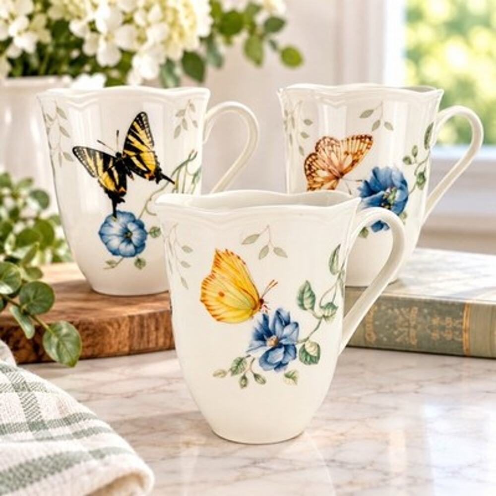 Lenox Butterfly Meadow Mugs Set of 3 Dragonfly Fritillary Swallowtail 12 oz